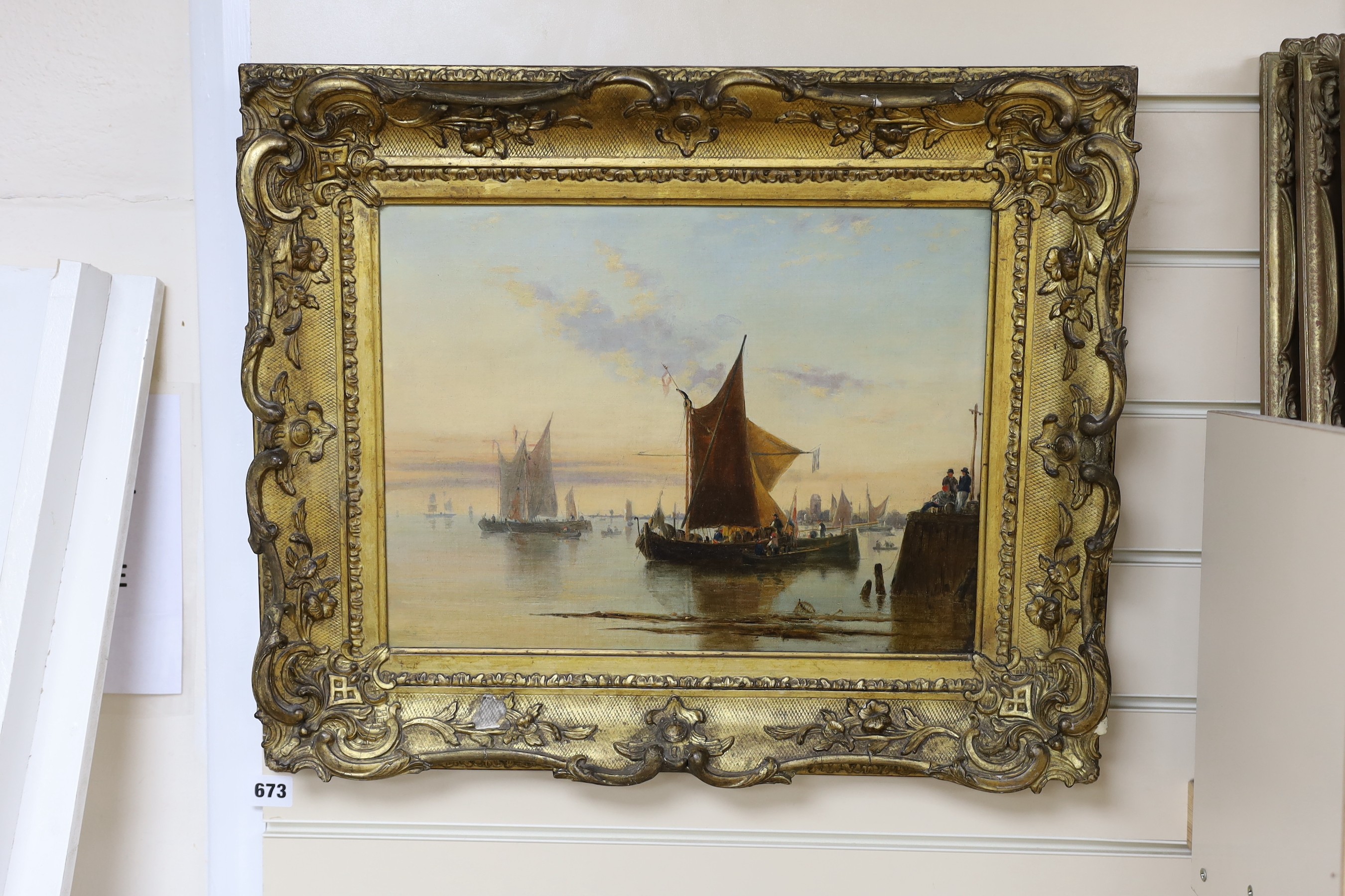 Van Goyen (19th C. Dutch), oil on canvas, Sail barges on a calm sea, label verso, 30 x 39cm
